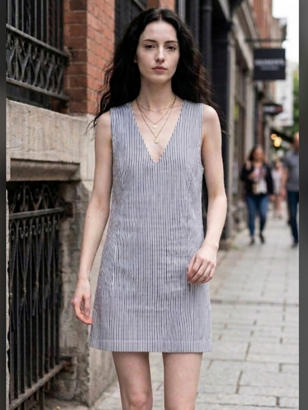 Striped V Neck Shift Mini Dress Cotton  Meg Shop XS